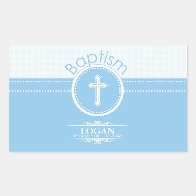 Pegatina Rectangular Personalizable, Niño Azul Hijo de Dios Bautizo (Anverso)
