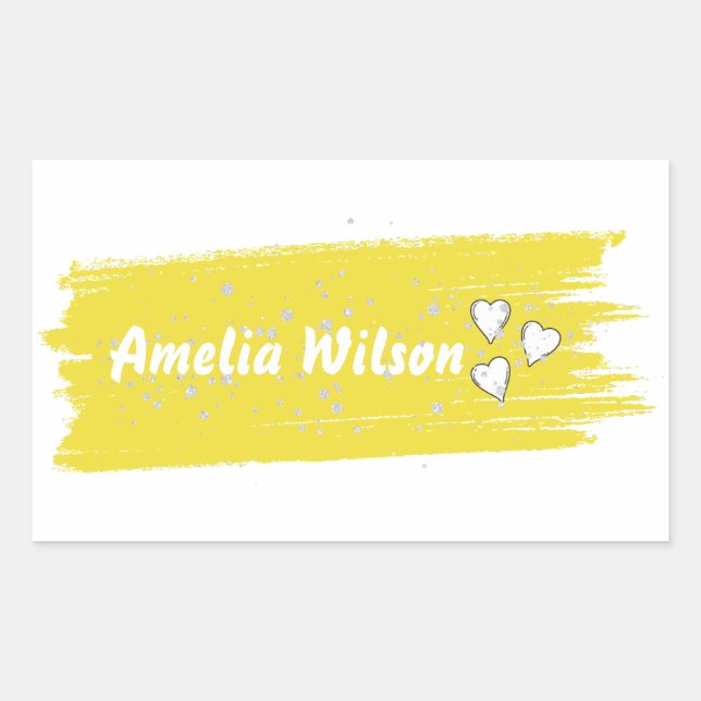 Pegatina Rectangular personalizado amarillo purpurina Nombre largo (Anverso)
