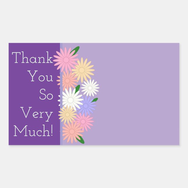 Pegatina Rectangular Personalizado Colorful Daisies Gracias Morado (Anverso)