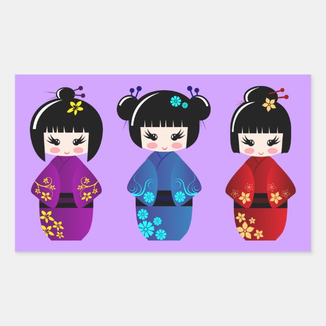 Pegatina Rectangular Personalizado de muñecas cute kokeshi (Anverso)