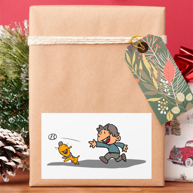 Pegatina Rectangular Personalizado divertido niño y perro jugando a la  (Subido por el creador)
