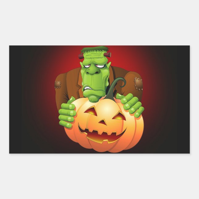 Pegatina Rectangular Personalizado Frankenstein con Calabaza (Anverso)
