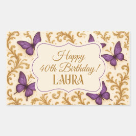Pegatina Rectangular Personalizado Royal Gold Purple Butterfly Cumpleañ