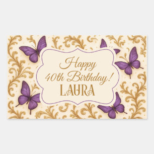 Pegatina Rectangular Personalizado Royal Gold Purple Butterfly Cumpleañ