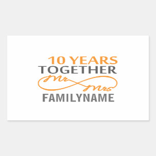 Pegatina Rectangular Personalizado Sr. y Sra. 10 Aniversario