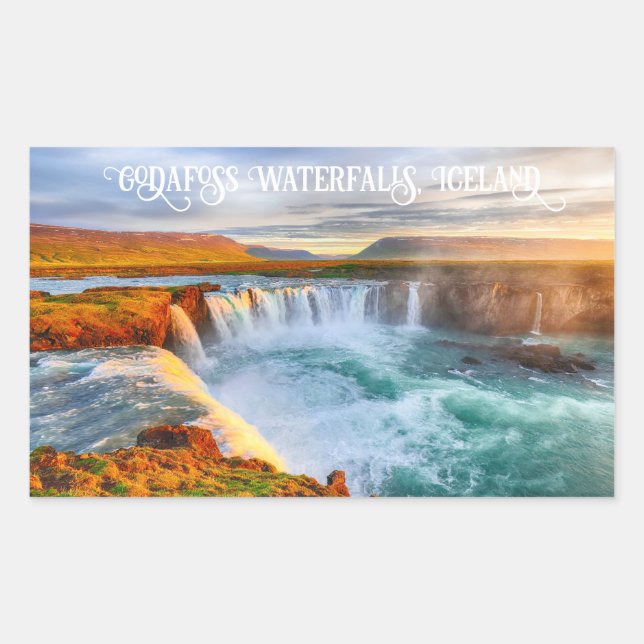 Pegatina Rectangular Personalizado Texto Diosa Cascadas, Islandia (Anverso)