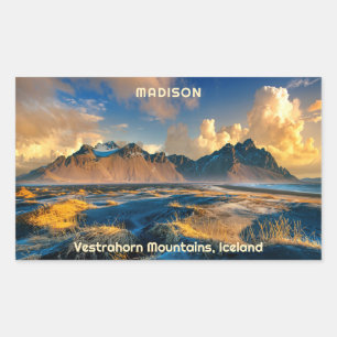 Pegatina Rectangular Personalizado Texto Montañas Vestrahorn, Islandia