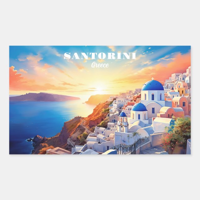 Pegatina Rectangular Personalizado Texto Santorini Grecia Atardecer (Anverso)