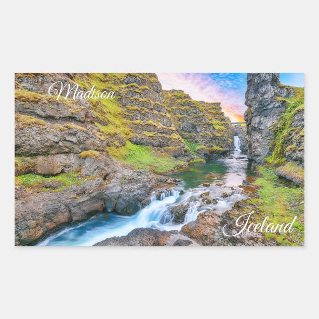 Pegatina Rectangular Personalizado Textos Cascadas Kolufossar, Islandia (Anverso)