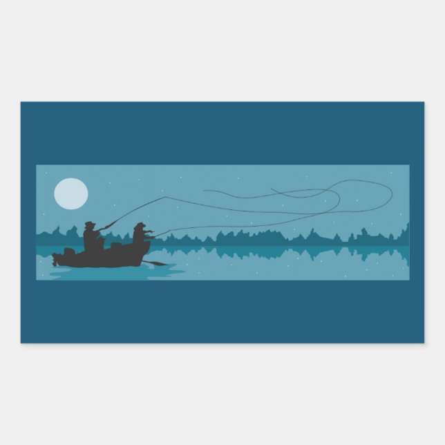 Pegatina Rectangular Pesca nocturna bajo una luna llena (Anverso)