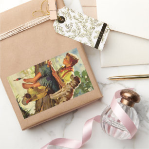 Pegatina Rectangular Pesca Vintage, Niño con su Cachorro y Lombrices