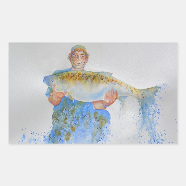 Pegatina Rectangular Pescador acuarela pintura regalo de pesca para él (Anverso)