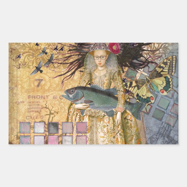 Pegatina Rectangular Pez Mujer Piscis Vintage Gótico Clásico  (Anverso)