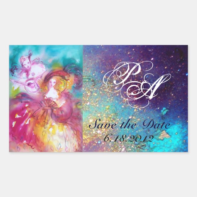 Pegatina Rectangular PIERROT Y ARLECCHINA Carnaval Veneciano, Monograma (Anverso)