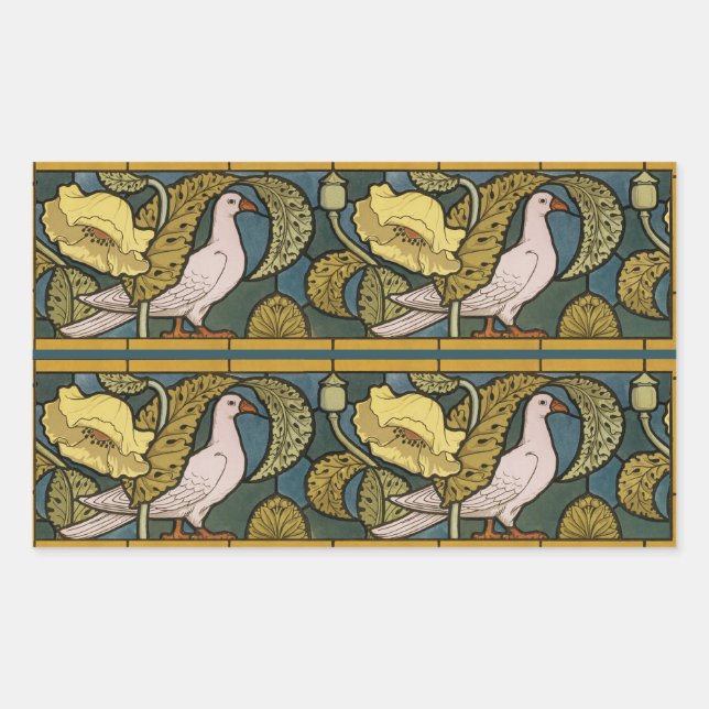Pegatina Rectangular Pigeon Blue Yellow Fish Art Nouveau (Anverso)
