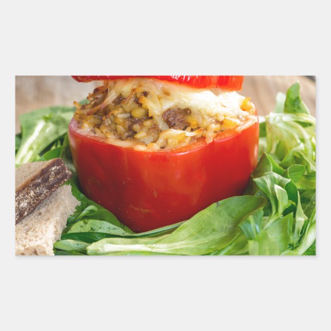 Pegatina Rectangular Pimientos rellenos al horno con salsa de carne y q (Anverso)