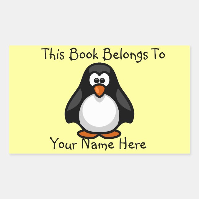 Pegatina Rectangular Pingüino lindo en placa de nombre de libro amarill (Anverso)
