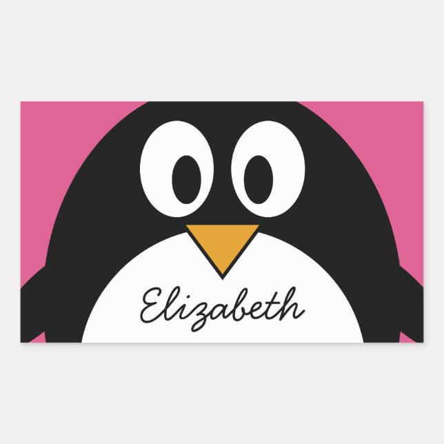 Pegatina Rectangular pingüino personalizado lindo con fondo rosa (Anverso)