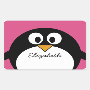 Pegatina Rectangular pingüino personalizado lindo con fondo rosa
