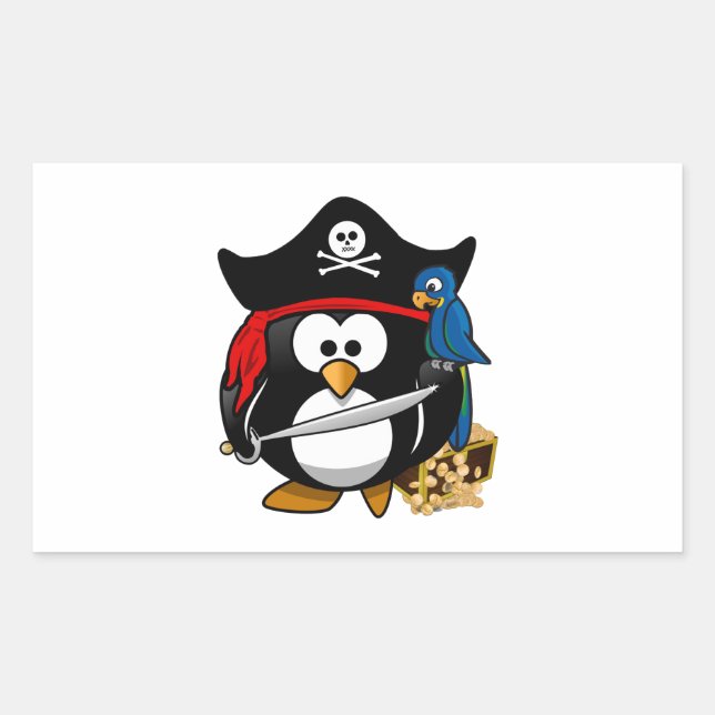 Pegatina Rectangular Pingüino pirata con tesoro en pecho (Anverso)