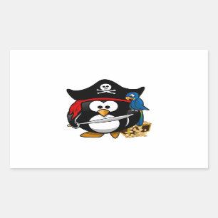 Pegatina Rectangular Pingüino pirata con tesoro en pecho