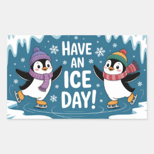 Pegatina Rectangular Pingüinos Lindos Patinando sobre Hielo Dibujos Ani