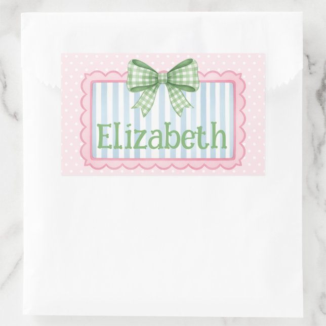 Pegatina Rectangular Pink and Blue Frame With Green Gingham Bow (Bolso)