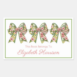 Pegatina Rectangular Pink and Green Floral Personalized Bookplate