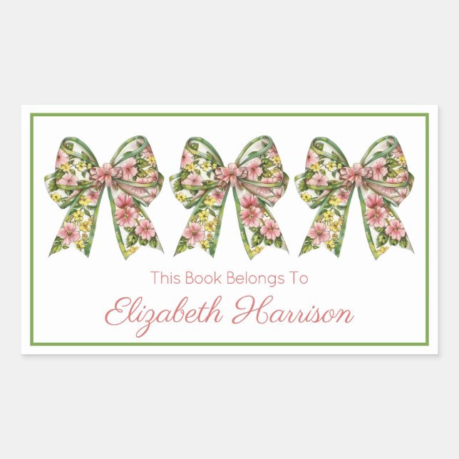 Pegatina Rectangular Pink and Green Floral Personalized Bookplate (Anverso)