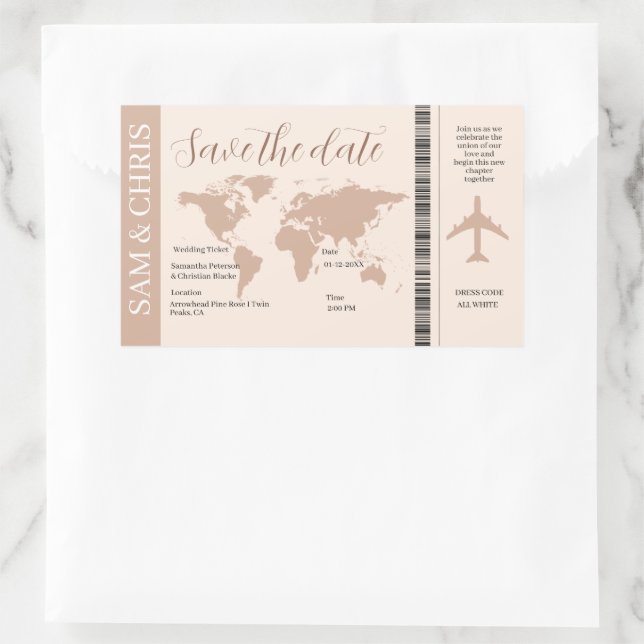 Pegatina Rectangular Pink Salmon Boarding Pass World Map Travel (Bolso)
