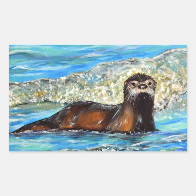 Pegatina Rectangular Pintado Otter in the Waves 2 (Anverso)