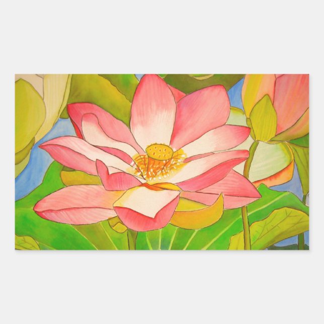 Pegatina Rectangular pintura acuarela rosa Lotus (Anverso)
