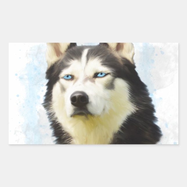 Pegatina Rectangular Pintura artística en acuarela de perro Husky Siber (Anverso)