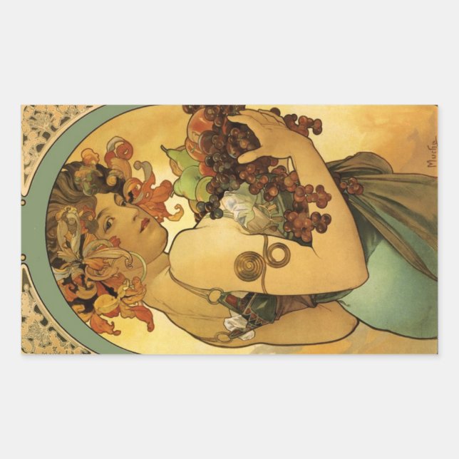 Pegatina Rectangular Pintura de fruta de Alphonse Mucha (Anverso)