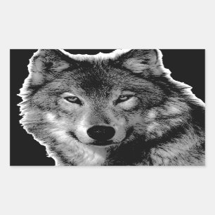 Pegatina Rectangular Pintura de Lobo Blanco y Negro