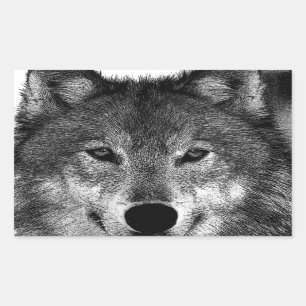Pegatina Rectangular Pintura de Lobo Blanco y Negro