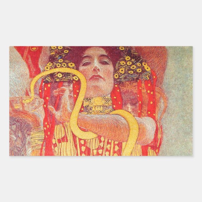 Pegatina Rectangular Pintura de mujer roja con serpiente de oro de Gust (Anverso)