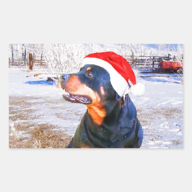 Pegatina Rectangular Pintura de Navidades de perro de Rottweiler (Anverso)