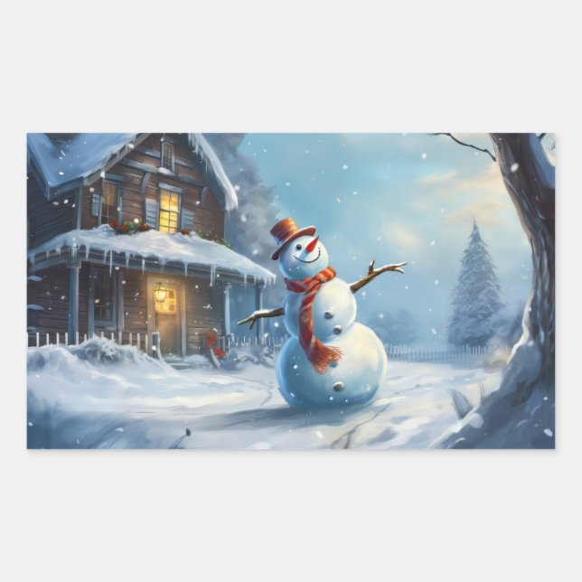 Pegatina Rectangular Pintura de Snowman (Anverso)
