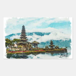 Pegatina Rectangular Pintura en Acuarela del Templo de Bali Indonesia