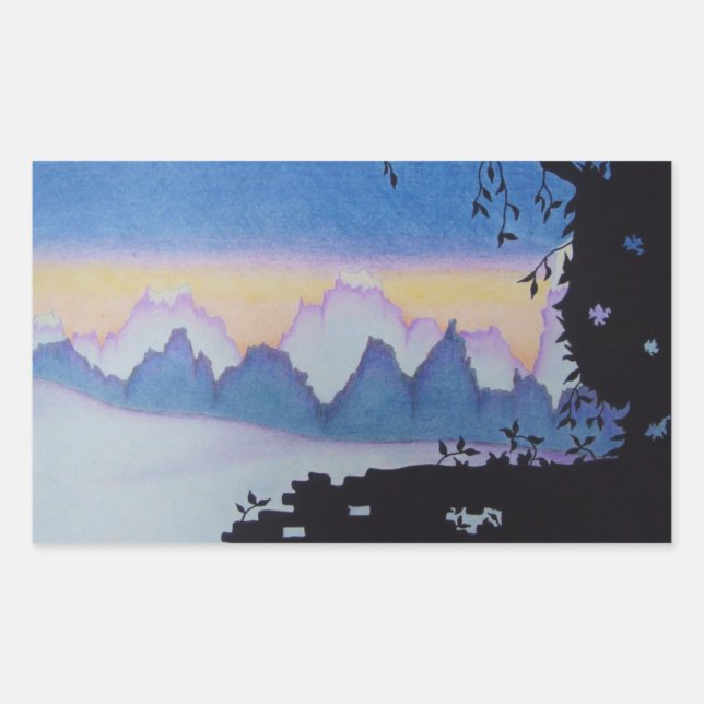 Pegatina Rectangular Pintura panorámica abstracta de la puesta de sol d (Anverso)