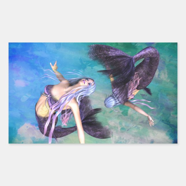 Pegatina Rectangular Piscis - Dos sirenas nadando en un bucle (Anverso)