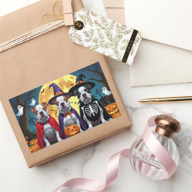 Pegatina Rectangular Pitbull Dogs Pumpkin Halloween Funny (Regalar)