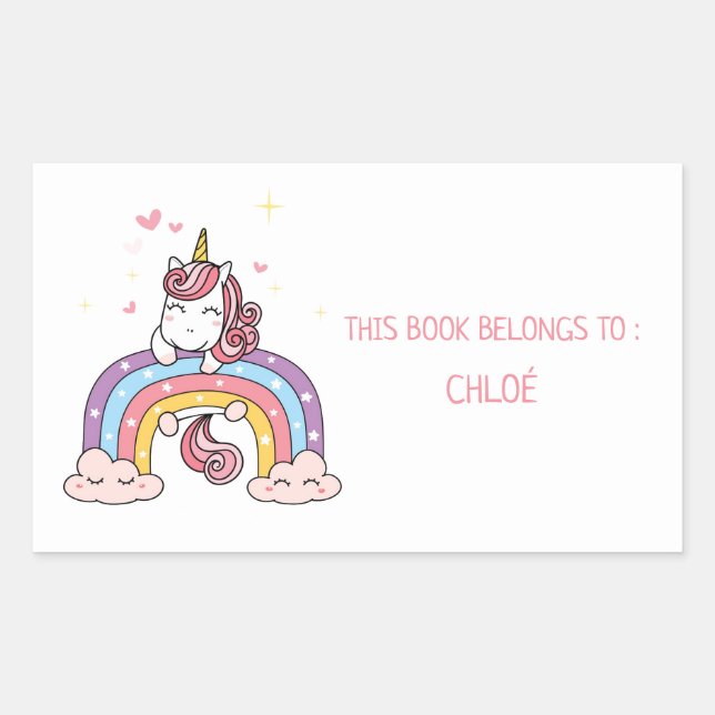 PEGATINA RECTANGULAR PLACA DE LIBRO : UNICORN + RAINBOW (Anverso)