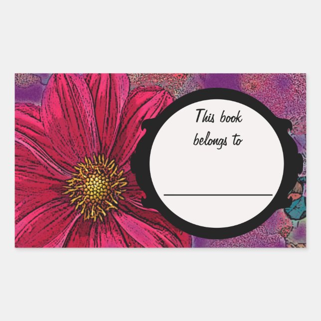 Pegatina Rectangular Placa de libros de flores rojas. (Anverso)