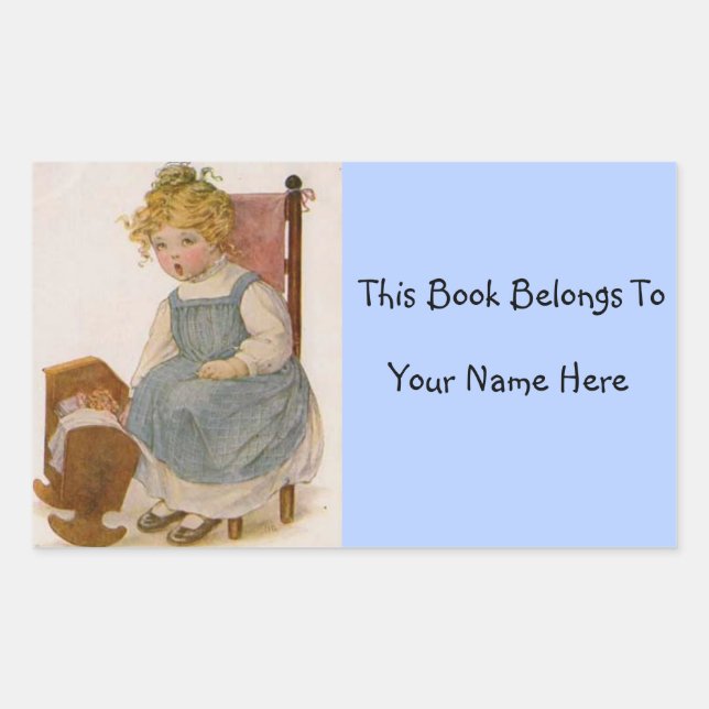 Pegatina Rectangular Placa de nombre de libro de niña antigua con muñec (Anverso)