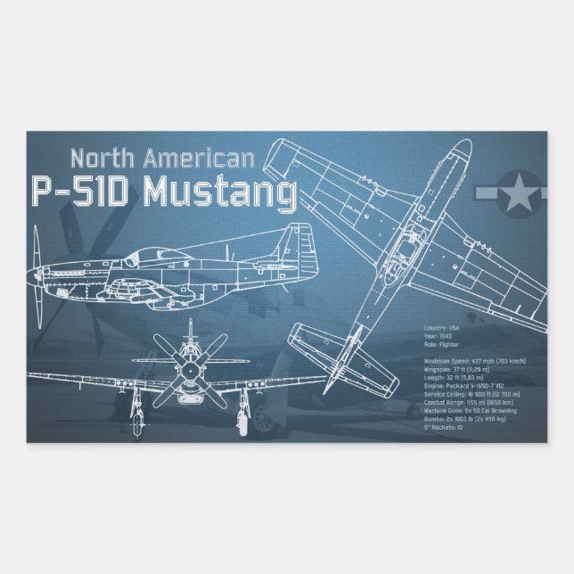 Pegatina Rectangular Plan de Mustang para Norteamérica P-51D (Anverso)
