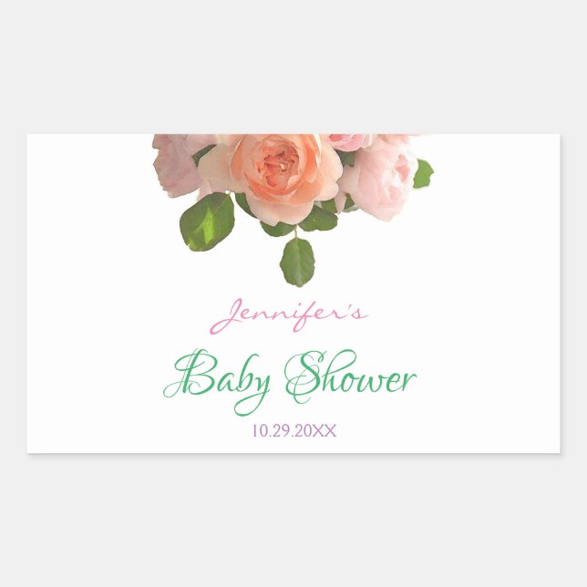 Pegatina Rectangular Plantilla Baby Shower manuscrita con floral de col (Anverso)