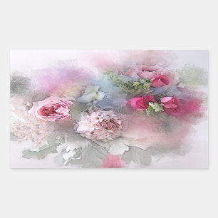 Pegatina Rectangular Plantilla de arte de acuarela en blanco de rosas r