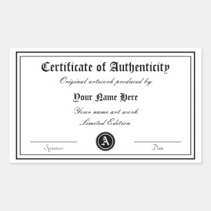Pegatina Rectangular Plantilla de certificado de autenticidad arte genu
